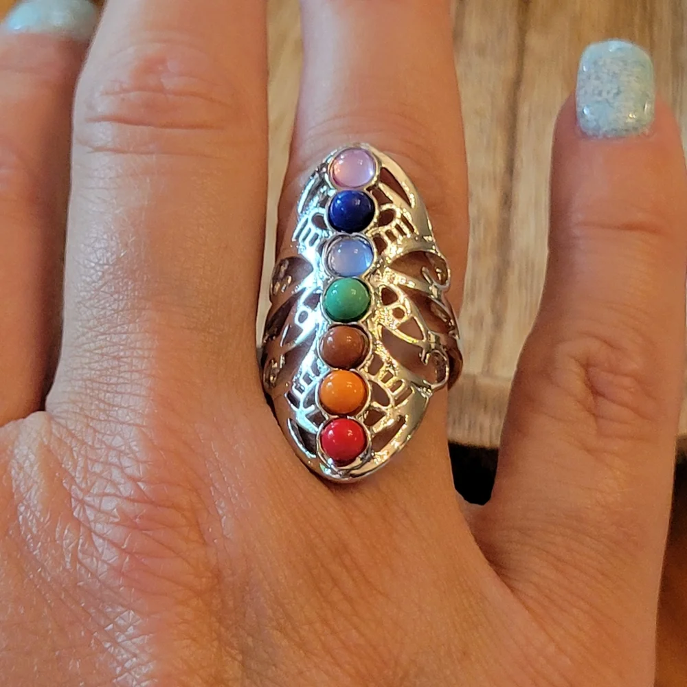 Chakra Silver Tone Cut-Out North-South Ring, adjustable - Picture 1 of 6